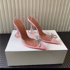 Elegant Pink PVC Heels with Crystal Rhinestone Bows - brand new